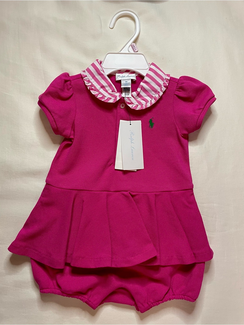 Ralph Lauren Baby Girls' Fuchsia Polo Peplum Romper with Striped Collar 9M
